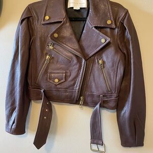Veronica Beard Dark Brown Leather Jacket with Gold Accents